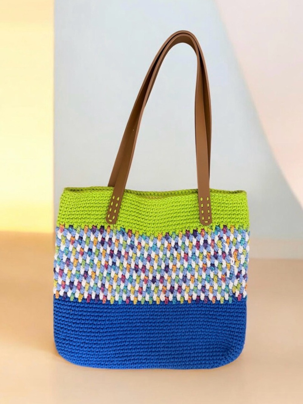 Hand Crafted Blue, Lime & Multicolor Crochet Tote NWOT